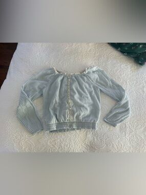 Girls Light Blue Peasant Blouse with Lace Trim